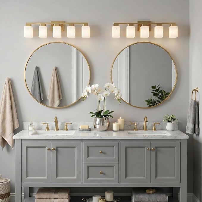5-Light Square Bathroom Light Fixture, Gold Modern Vanity Light with White Marble Glass Shade, for Bathroom Mirror, Living Room, Bedroom, Hallway, E26 Base