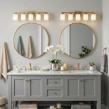 5-Light Square Bathroom Light Fixture, Gold Modern Vanity Light with White Marble Glass Shade, for Bathroom Mirror, Living Room, Bedroom, Hallway, E26 Base