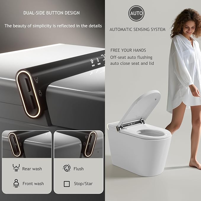 Modern Smart Toilet, One Piece Toilet with Auto Open/Close Lid, Heated Seat, Bidet Function, Warm Air Dry, Foam Shield, Auto Deodorization, Night Light, Remote Control