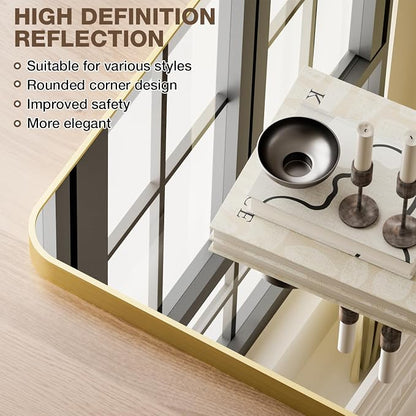 24"x36" Bruhed Gold Rectangle Vanity Bathroom Mirror, Set of 2 | Aluminum Alloy Frame, Clear Reflection, Rust-Resistant, Vertical or Horizontal, Wall Mount, Bedroom and Entryway