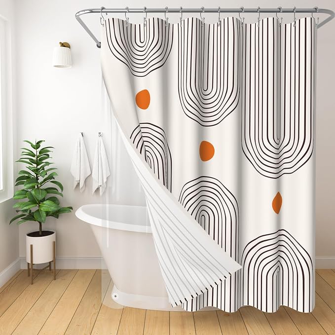 3 in 1 Shower Curtain Set, Boho Mid Century Modern | Polyester Bath Curtain with Magnetic PEVA Liner and 12 Double Sided Stainless Steel Hooks 72x72 Inches