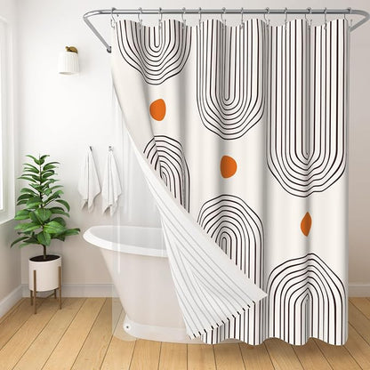 3 in 1 Shower Curtain Set, Boho Mid Century Modern | Polyester Bath Curtain with Magnetic PEVA Liner and 12 Double Sided Stainless Steel Hooks 72x72 Inches