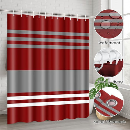 Bathroom Sets with Shower Curtain and Rugs, 4 Pcs, Abstract Stripes | Vintage Modern Burgundy Bathroom Decor Set with Toilet Lid Cover, Non-Slip Bath Mats and Accessories 12 Hooks