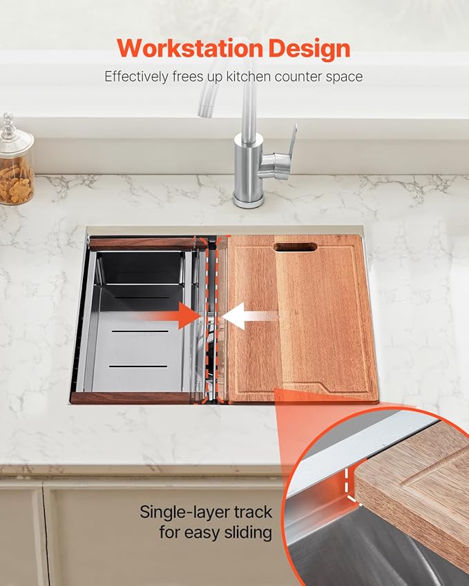 VEVOR 23 inch Kitchen Single Sink, 304 Stainless Steel Undermount Sink Drop-In Single Bowl Farmhouse Basin with Ledge & Multiple Accessories, Household Dishwasher Sinks for Prep Kitchen, Bar 23"*19"