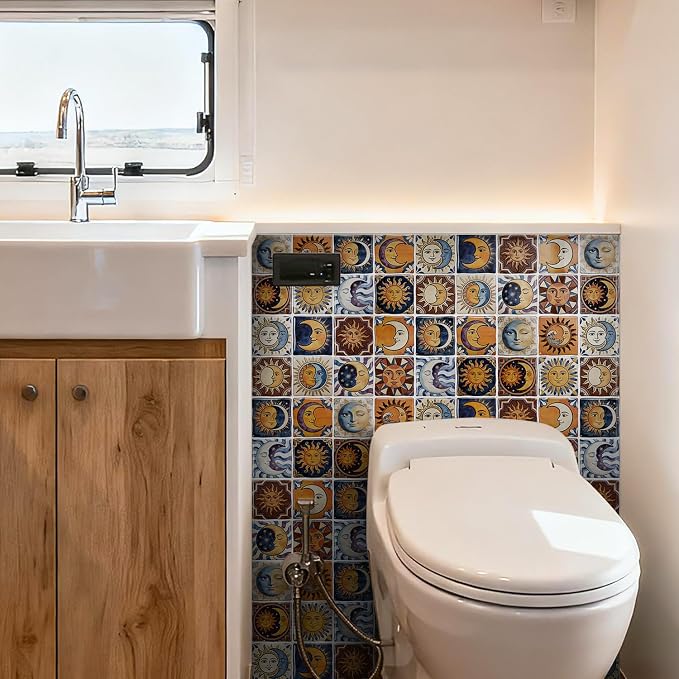 24PCS Sun Moon Talavera Style Tile Stickers 6x6in | Peel and Stick Waterproof Backsplash Tiles for Kitchen Bathroom DIY Decor