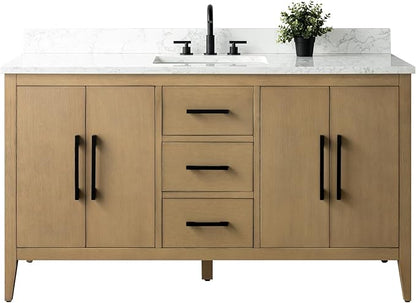 Vanity Art 60 inch Bathroom Vanity with Single Sink & Ceramic Top, Vanity Cabinet with Soft-Closing Doors, Drawers, Solid Wood Frame, Natural Oak, VA9060-SNO-MB1