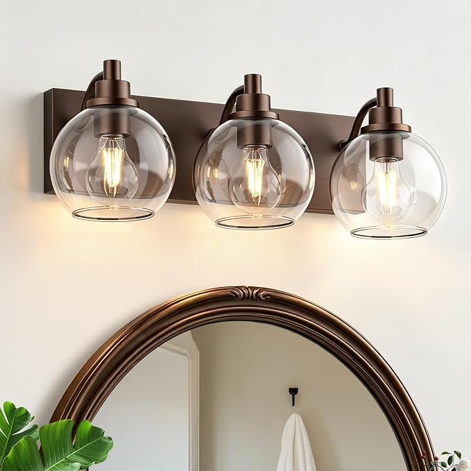 IZORRO Bathroom Light Fixtures, 3-Light Oil Rubbed Bronze Vanity Light, Modern Wall Sconces with Globe Clear Glass Shade, Vanity Lighting Fixtures Over Mirror,E26 Bulb Socket