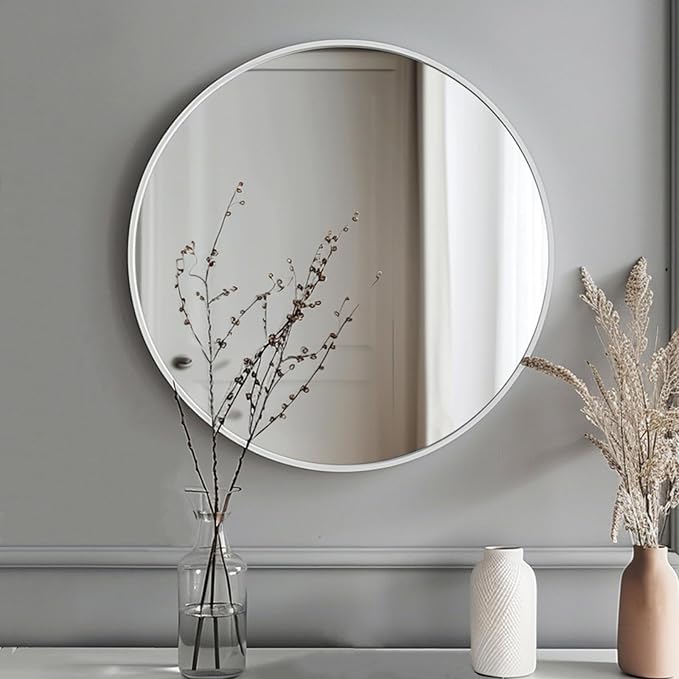 Small Round Mirror, 16 inch White Circle Mirror, Matte Metal Frame | High Definition Mirror, Waterproof, Easy Installation, Circular Mirrors for Vanity, Nursery, Bedroom, Wall Décor