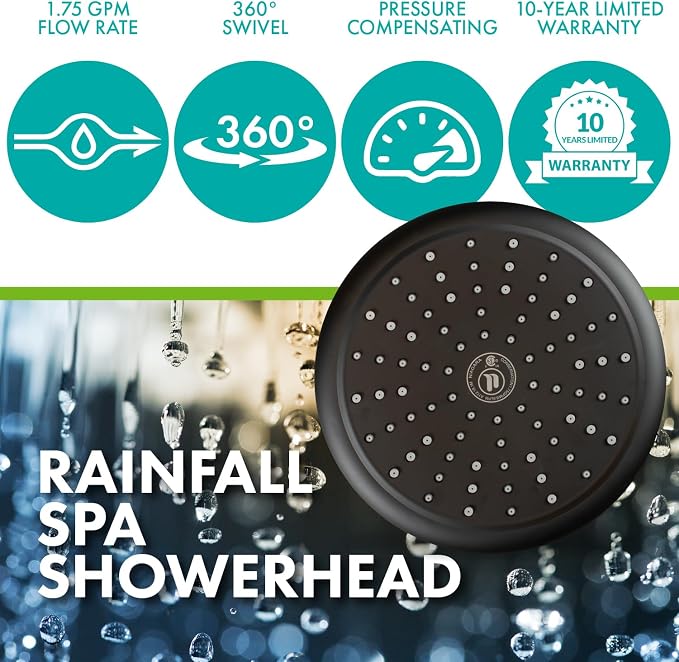Niagara Conservation N9517MB Rainfall Spa 1-Spray with 1.75 GPM 8-in. Wall Mount Adjustable Fixed Shower Head in Matte Black, 1-Pack | Bathroom Shower Head Sprayer with Pressure Compensation