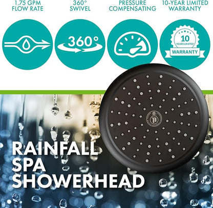 Niagara Conservation N9517MB Rainfall Spa 1-Spray with 1.75 GPM 8-in. Wall Mount Adjustable Fixed Shower Head in Matte Black, 1-Pack | Bathroom Shower Head Sprayer with Pressure Compensation