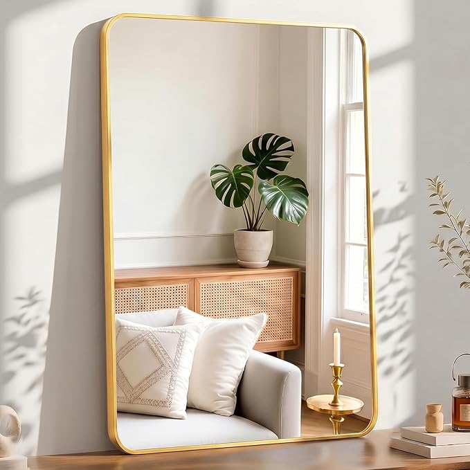 OLIXIS 48x30 Inch Bathroom Wall Mount Mirror with Rounded Rectangle, Gold | Modern Wall Vanity Mirrors for Over Sink with Matte Brush Metal Framed, for Home Decor, Living Room, Bedroom