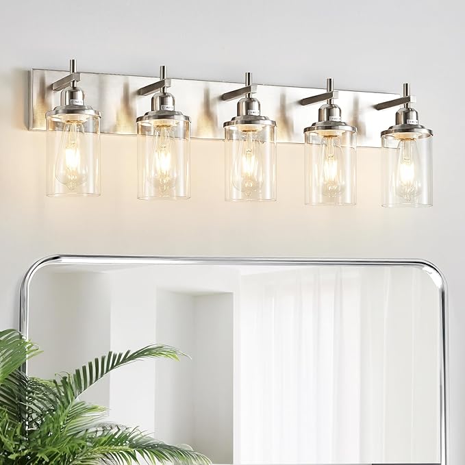 5-Light Brushed Nickel Bathroom Light Fixture Over Mirror Modern Bathroom Vanity Light Vintage Wall Lighting with Clear Glass Shade for Bathroom, Bedroom, Hallway, Cabinet