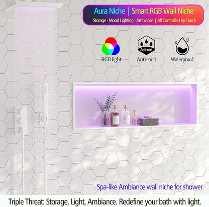 RGB LED Light Shower Niche, White 36X12 in Stainless Steel Built-in Storage with Remote Control, Waterproof No Tile Needed Wall Niche for Bathroom Storage Built-in Installation