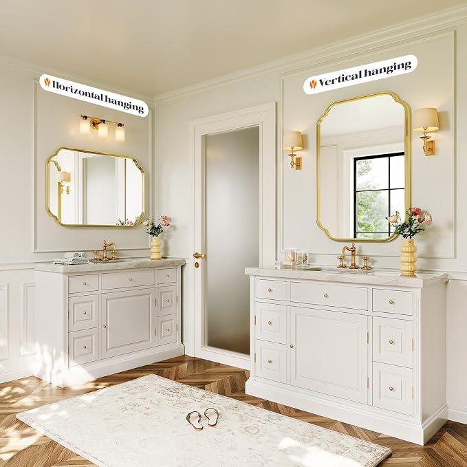 Black Bathroom Scalloped Mirror for Over Sink, 20” x 30” Rounded Corner Rectangle Wall Mirrors with Metal Frame, Modern Vanity Mirror for Mantel, Living Room, Bedroom, Horizontal or Vertical
