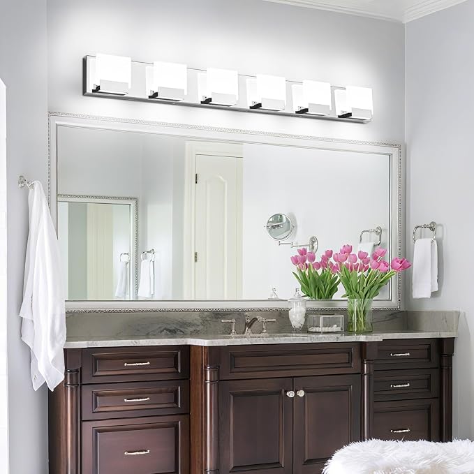 6 Light Bathroom Vanity Light - Modern LED Bathroom Lights - Chrome Lighting Fixtures Over Mirror for Bath 6000K Cool White