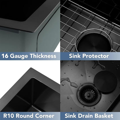 LQS Black Laundry Kitchen Sink, 25” x 22” Drop In Kitchen Sink, Drop In RV Kitchen Sink, Stainless Steel Laundry Sinks, 16 Gauge Black Kitchen Sinks With Accessories