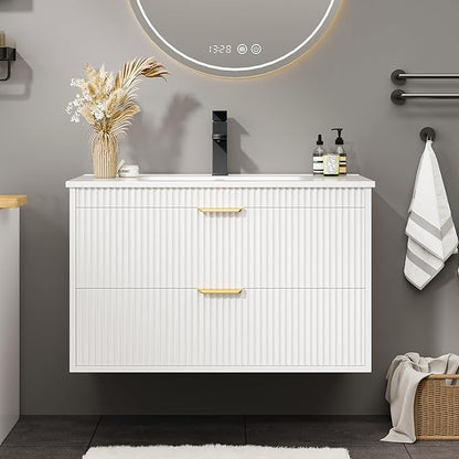 Vabches 24 Inch Bathroom Vanity with Sink, Wood Grain Wall Mounted Vanity with 2 Storage Darwers, Floating Bathroom Vanity with Storage, Bathroom Floating Vanity with Sink, Faucet, Drain, White