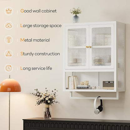 Bathroom Wall Cabinet with 2 Glass Door, Bathroom Medicine Cabinet with Towels Bar and Shelves, Over The Toilet Storage Cabinet, Metal Wall Mounted Cabinet for Kitchen (Upgraded White)
