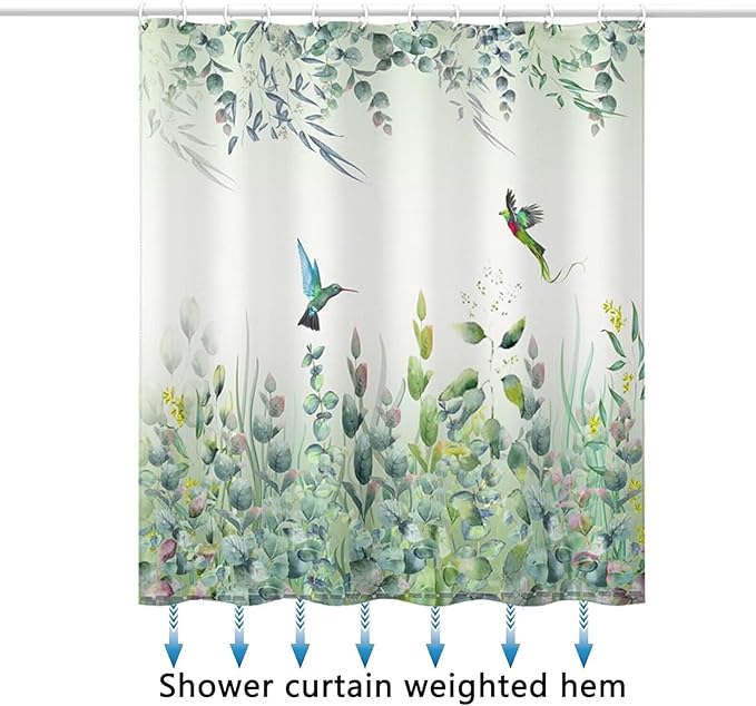 Green Leaf Shower Curtain - Emerald Bird Mint Hummingbird Design, 72"W x 84"L, 12 Hooks, Weighted Hem, Waterproof for Bathroom