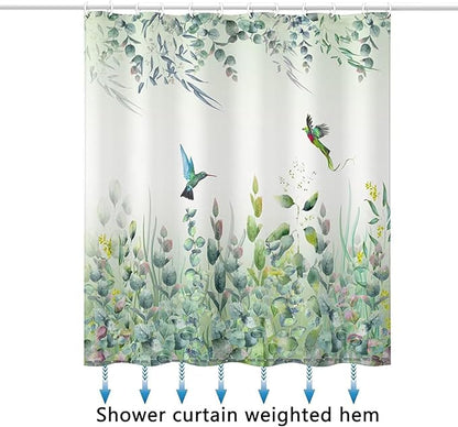 Green Leaf Shower Curtain - Emerald Bird Mint Hummingbird Design, 72"W x 84"L, 12 Hooks, Weighted Hem, Waterproof for Bathroom