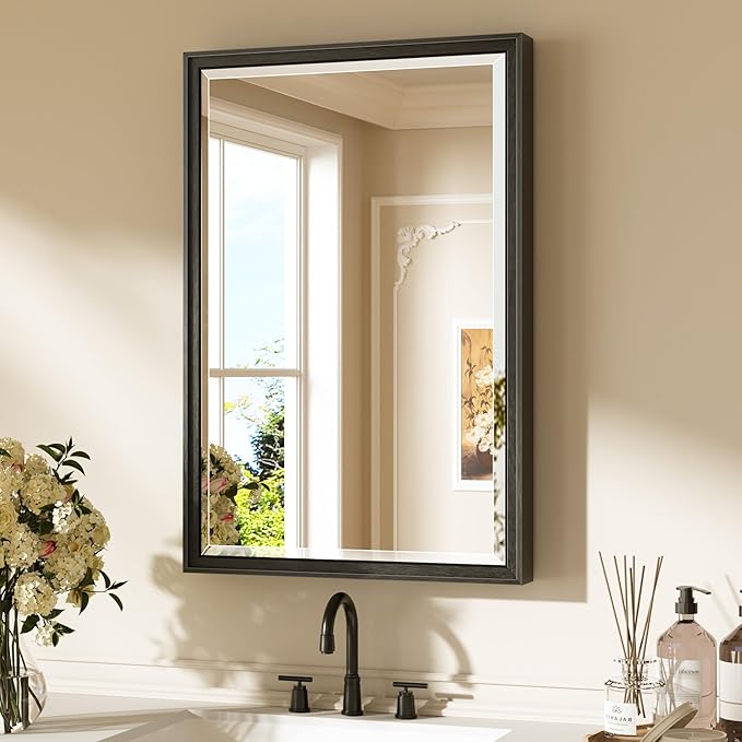 Keonjinn Black Framed Bathroom Mirrors for Over Sink 20" x 30", Aluminum | Safe Tempered Glass, Effortless French Cleat Installation, Clear Reflection, Modern Farmhouse, Black Vanity Mirror for Wall