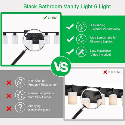 6-Light Bathroom Vanity Light Black, Matte Black Bathroom Light Fixture, Vanity Lights with Milky White Frosted Glass Shades, Wall Sconces Over Mirror for Makeup Living Room(Bulbs Not Included)