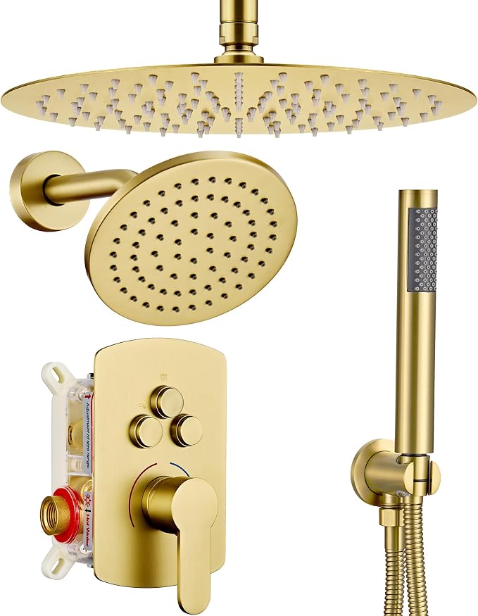 Dasan Rainfall Full Body Shower Faucet System with 12'' Round Shower & 6'' Round Shower,Brushed Gold Dual Shower Head Faucets Set with Handheld & Valve, Double Shower Head System for Couples/ 2-Person