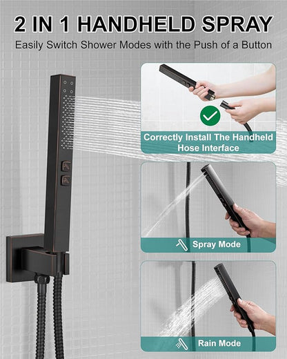 Shower Faucet Set Rainfall Shower System with Square Showerhead and Handle Set Fixture with 2 in 1 Function Handheld Sprayer Wall Mounted Trim Repair Kit Rough-in Valve 8 Inch Oil Rubbed Bronze