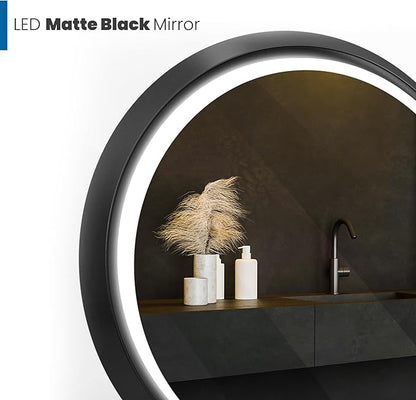 36 Inch Round LED Mirror for Bathroom, Black Metal Frame Lighted Vanity Mirror with 3 Color Modes, Touch Dimmer - Anti-Fog Wall Mounted Circle Mirror with Lights - Fab Glass and Mirror