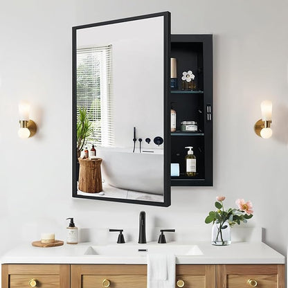 Recessed Medicine Cabinets with Mirror, Black Bathroom Mirror with Storage, Rectangle Medicine Cabinet Vanity Mirrors, Farmhouse Metal Framed Wall Mirror Recessed or Surface Mount, 18x24 Inch