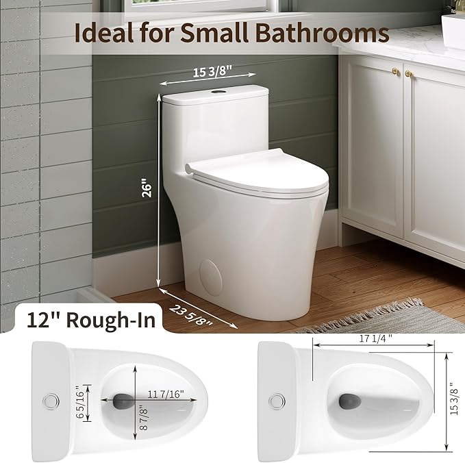 DeerValley Compact One-Piece Toilet 1.28 GPF Single Flush Fully Skirted Bowl with Soft-Close Seat White Space-Saving Elongated Toilets for Small Bathrooms