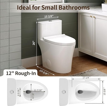 DeerValley Compact One-Piece Toilet 1.28 GPF Single Flush Fully Skirted Bowl with Soft-Close Seat White Space-Saving Elongated Toilets for Small Bathrooms