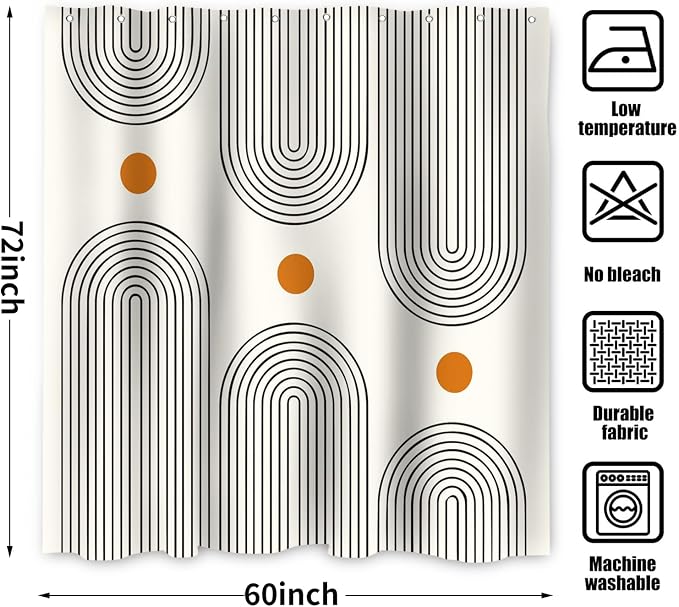 Boho Mid Century Shower Curtain, Modern Abstract Arch Sun Ivory Machine Washable Waterproof Fabric for Bathroom Bathtub with 10 Hooks 60Wx72H