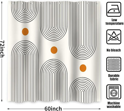 Boho Mid Century Shower Curtain, Modern Abstract Arch Sun Ivory Machine Washable Waterproof Fabric for Bathroom Bathtub with 10 Hooks 60Wx72H