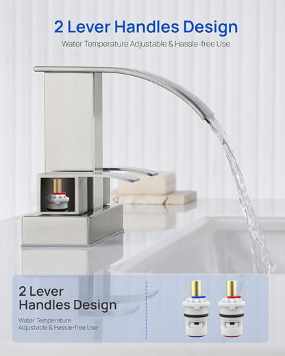 Waterfall Bathroom Sink Faucet Set with Pop Up Drain Stopper & Supply Lines - 4 Inch 2 Handles Centerset Faucet 2 or 3 Hole Lavatory Faucet Bathroom Vanity Mixer Tap Basin Faucets Brushed Nickel