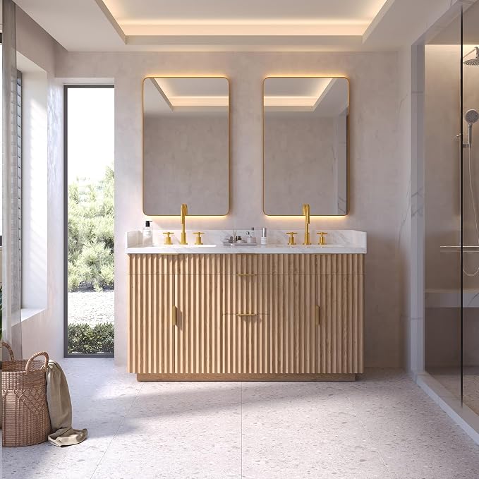 60 inch Double Sink Bathroom Vanity with Countertop,2 Rectangular Porcelain Sink, Solid Wood, 1.5 inch Carrara White Quartz, 4 Soft Closing Doors,3 Dovetail Drawers,2 Tilt Drawer