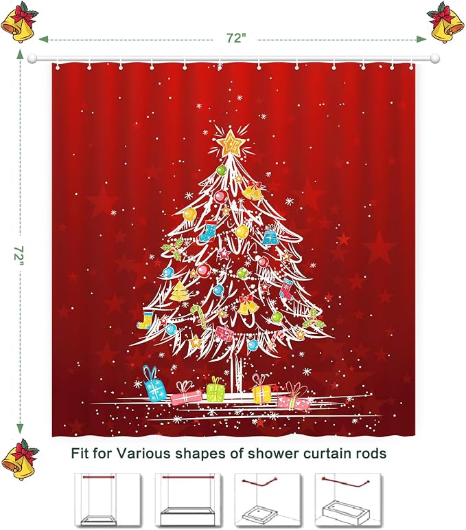 Shower Curtain Christmas, Holiday Shower Curtain Red Christmas Tree Candy Cane Stocking Jingle Bells Bulb Winter ShowerCurtain Waterproof Fabric Machine Washable Home Farmhouse Decor Bath Curtains