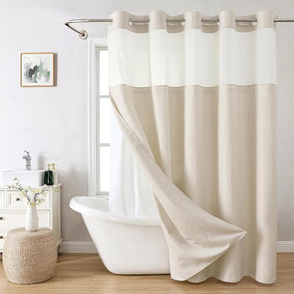 eachope No Hook Linen Texture Shower Curtain with Snap-in Liner,71x92 Cream | Extra Long,230GSM Thick Fabric,Hotel Luxury Decor,Mesh Top Window,Bottom Magnetic,Waterproof & Machine Washable,for Bathroom