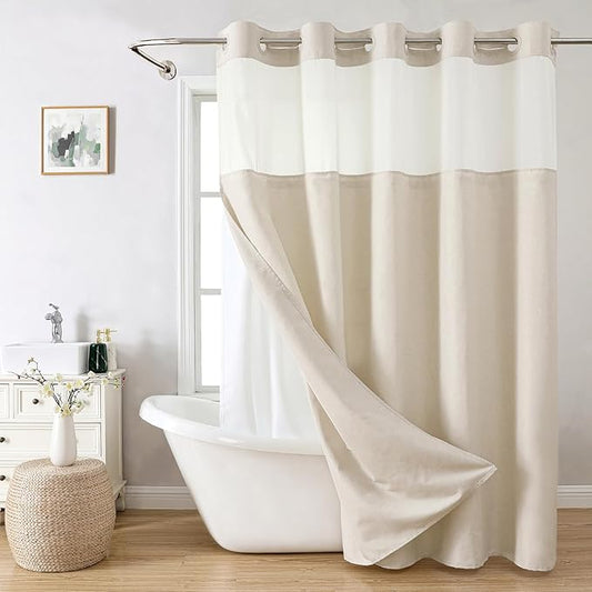 eachope No Hook Linen Texture Shower Curtain with Snap-in Liner,71x80 Cream | 230GSM Thick Fabric,Hotel Luxury Decor,Mesh Top Window,Magnetic Weighted Hem,Waterproof & Machine Washable,for Bathroom
