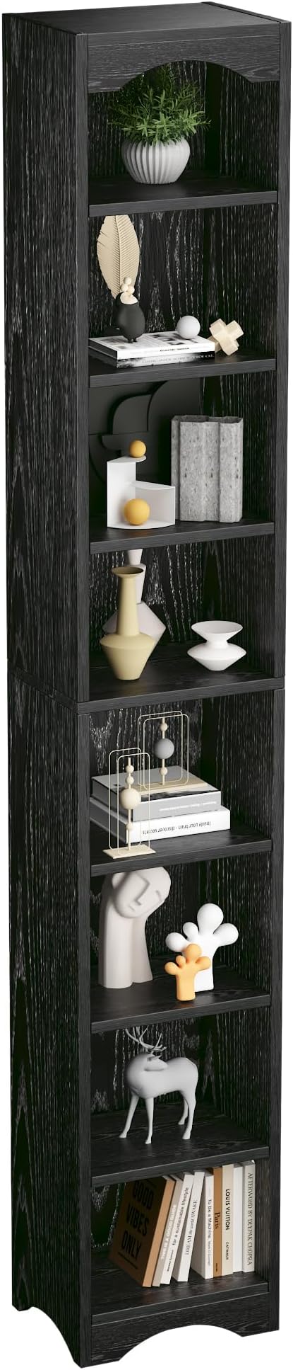 VECELO Curved Top Narrow Tall Bookshelf, 6 Adjustable Movable Shelves, Wood Space Saving Corner Storage Organizer, Sleek Black