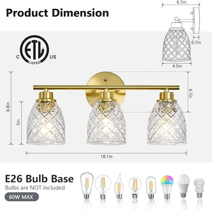 3-Light Bathroom Light Fixtures, Brushed Gold Vanity Lights Over Mirror | Modern Farmhouse Wall Sconces with Hammered Glass Lampshade for Kitchen Hallway Bedroom Living Room Cabinet Porch-18.1IN