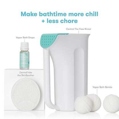 Frida Baby Baby Bath Upgrade Kit | Infant and Toddler Bath Essentials, Rinser Cup, Baby Bath Silicone Brush, Bath Bombs, Essential Oil Vapor Drops, white