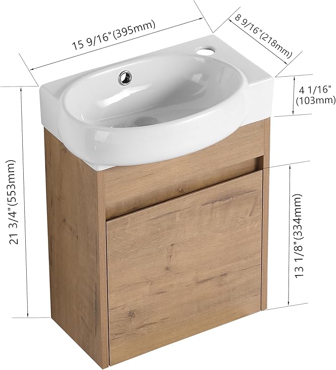 Malwee 16" Floating Bathroom Vanity with Sink, 16 Inch Single Sink Wall Mounted Bathroom Vanity, with 1 Door and White Ceramic Basin Top for Small Space, Modern Wall Hung Cabinet Storage (029-16IMOX)