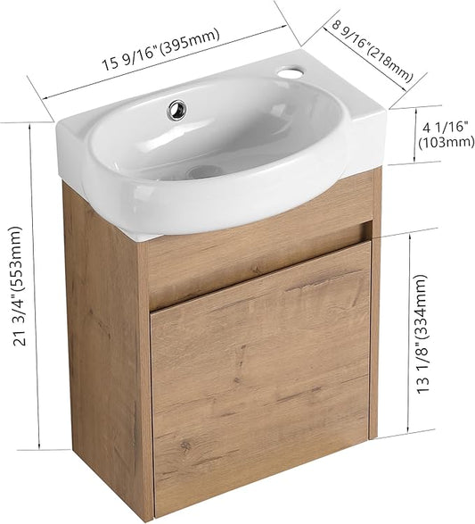 Malwee 16" Floating Bathroom Vanity with Sink, 16 Inch Single Sink Wall Mounted Bathroom Vanity, with 1 Door and White Ceramic Basin Top for Small Space, Modern Wall Hung Cabinet Storage (029-16IMOX)