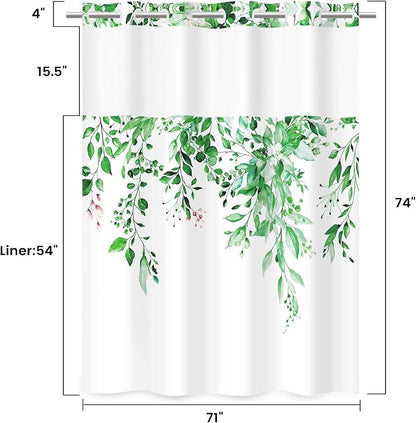 No Hook Shower Curtain with Liner, Eucalyptus Dark Green, 71x74 | Snap in Liner, 3 in 1, Water Repellent, Easy Install, Machine Washable, Hotel Style for Bathroom, Watercolor Pattern
