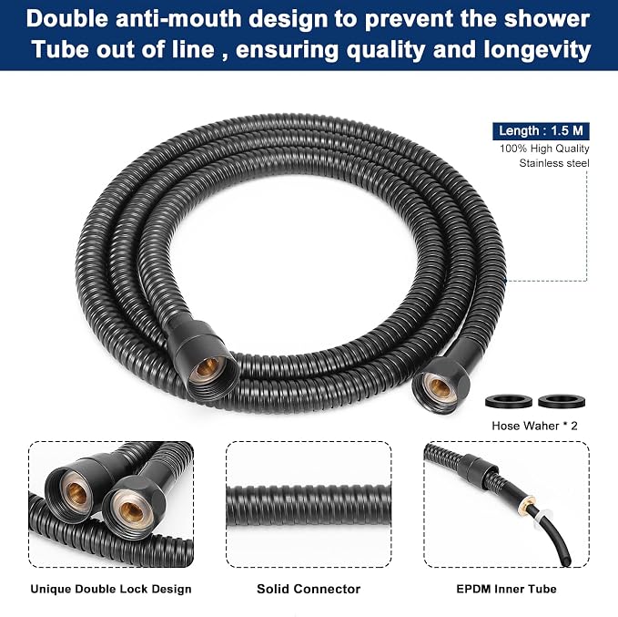 NearMoon Shower Head with Hose, High-Pressure Stainless Steel 8'' Rain Shower and 5 Settings Handheld Spray Combo with Push Button Flow Control for Easy Operation (Matte Black)
