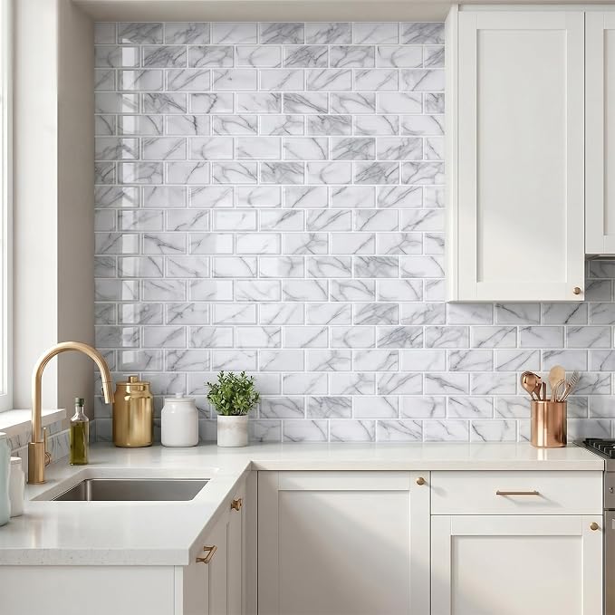 Arttown Peel and Stick 3D Wall Backsplash 10-Sheet, 12" × 12" Marble White | Subway Tile Self Adhesive Thicker Design Wall Tiles Panel Wallpaper for Kitchen Balcony Bathroom Rental Housing