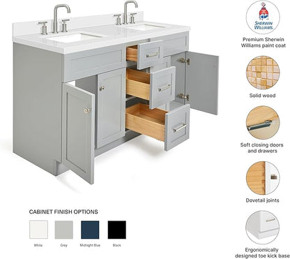 DKB Bradford 60" Grey Double Bathroom Vanity with 1.5" Pure White Quartz Countertop, Rectangular Undermount Sinks, 2 Soft Closing Doors, 3 Dovetail Drawers, Brushed Nickel