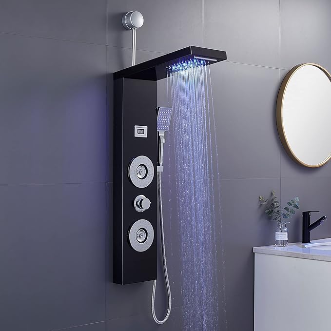 ROVOGO Retrofit Shower Panel with LED Rain Shower, 2 Body Jets and Handheld, Easy Connect Stainless Shower Tower Column with Temperature Display, Black (NOT INCLUDE ROUGH-IN VALVE)