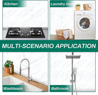 12pcs White Marble Peel and Stick Tiles 23.6"x11.8" Waterproof Heat Resistant Self Adhesive Removable PVC Wall Panels for Kitchen Backsplash, Bathroom, Laundry Room (Not Real Tile, Not for Floor)